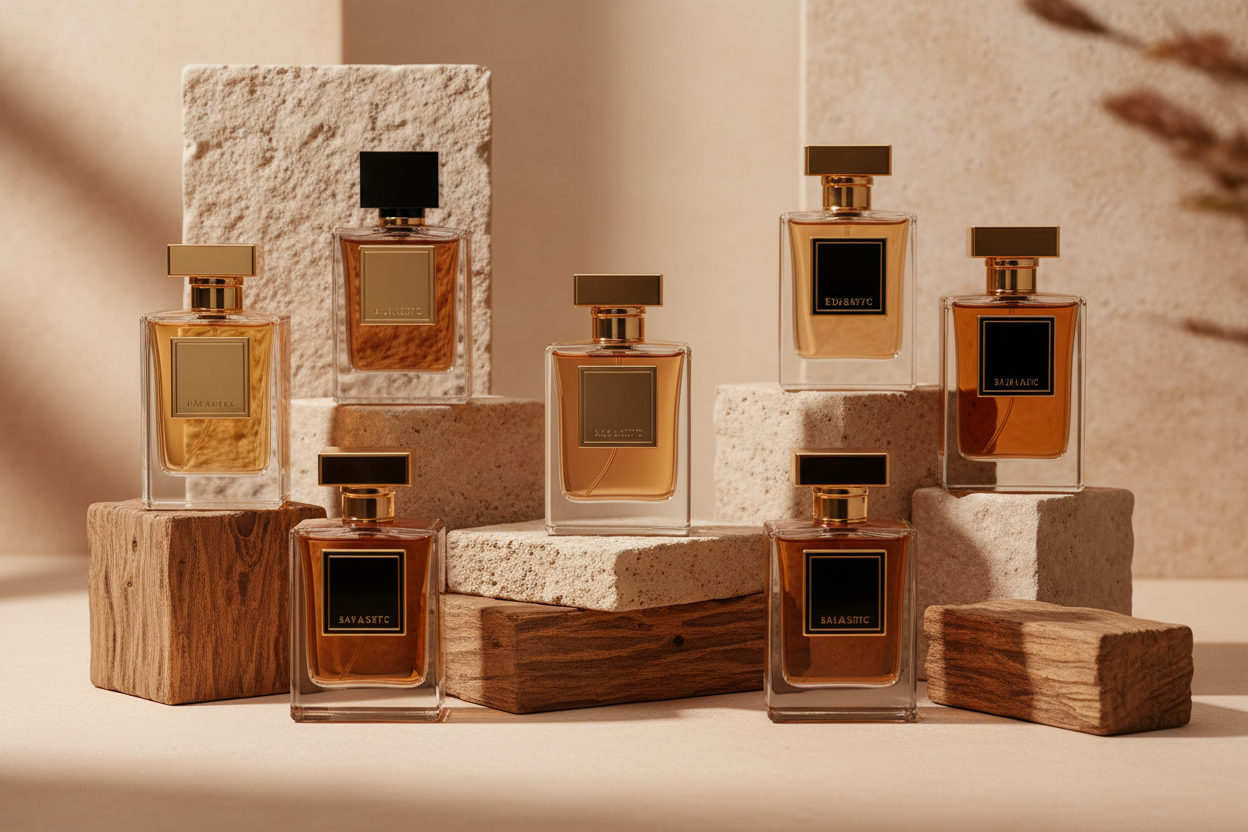 Visuel de collection de parfums de luxe pour une marque orientale haut de gamme : minimaliste et unisexe. Plusieurs flacons de parfum élégants, agencés avec un équilibre et une symétrie parfaits, reposent sur des surfaces en bois de oud brut, en pierre et en ivoire chaleureux. Éclairage doux aux tons dorés et ambrés, ombres subtiles, contraste élevé et raffiné. Fond aux tons sable beige et taupe, épuré et minimaliste. Palette de couleurs : #F5EFE7, #A9671C, #EDE3D1, #1A1A1A. Ni fleur, ni nuance de rose.
